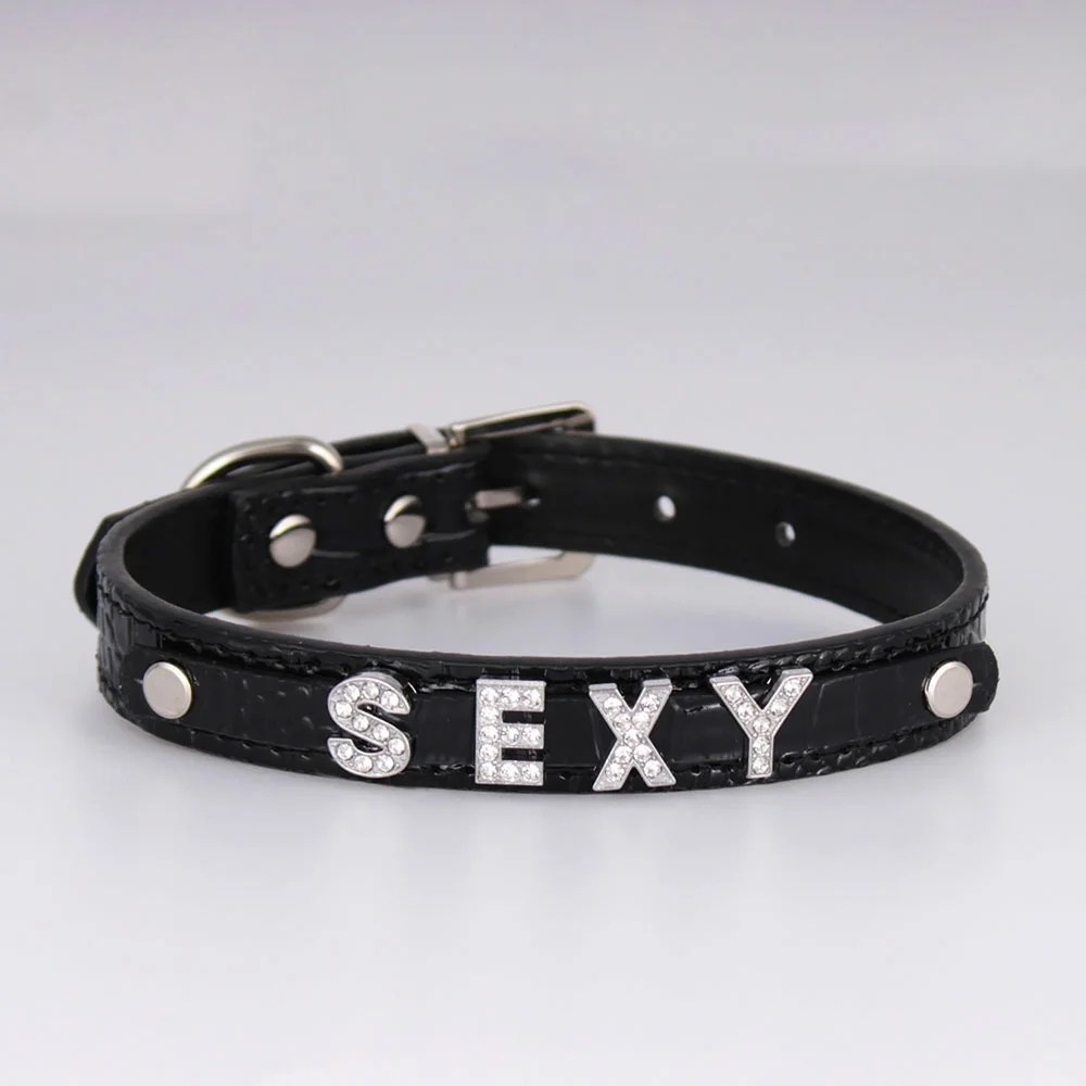 

Fashion Personalized Letters DADDYS TOY Choker Women PU Leather Collar Punk Chocker Custom Name Crystal Jewelry Cosplay Necklace