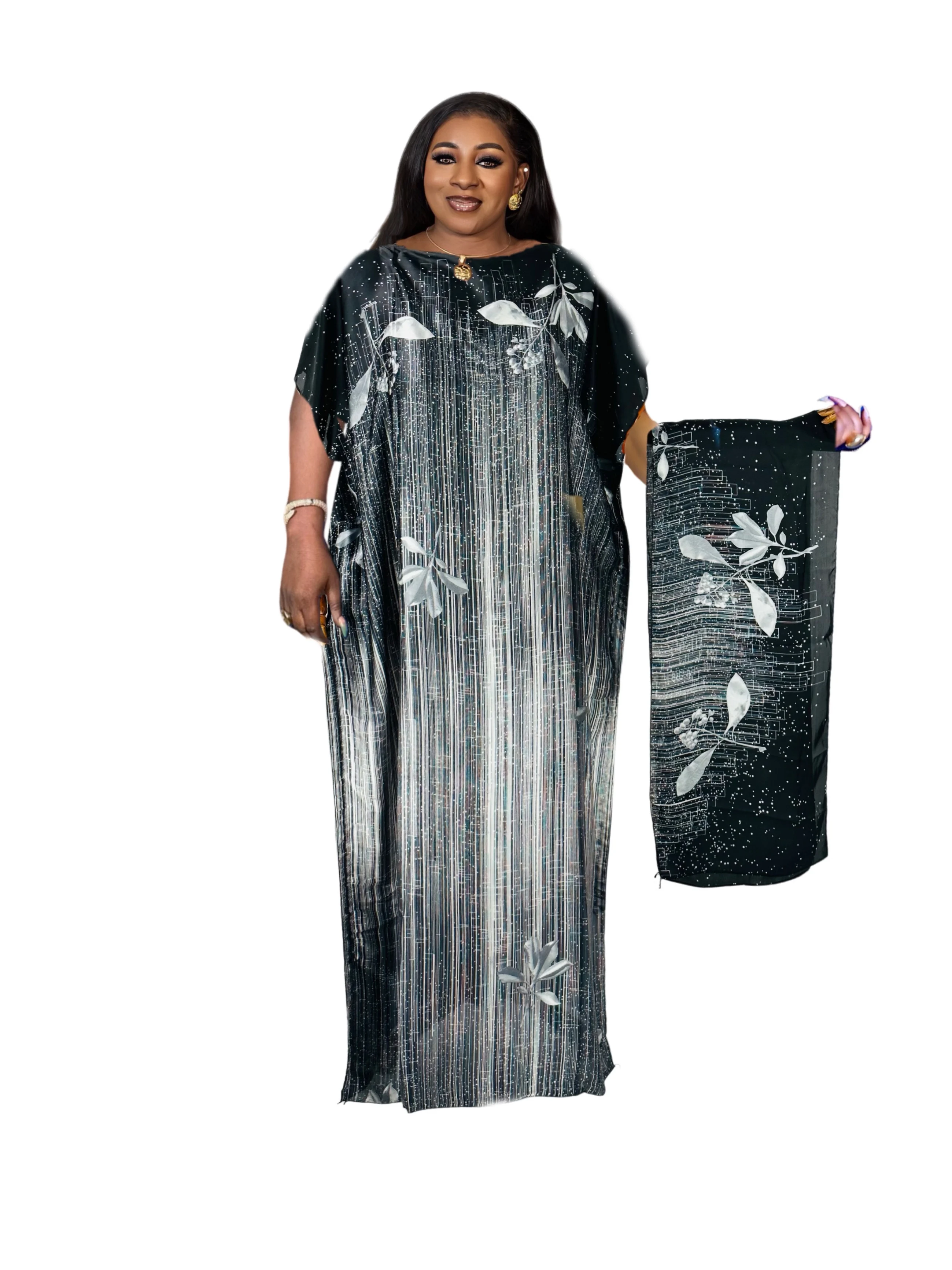 Plus Size All Over Pattern Kaftan Dress, Elegant Crew Neck Short Sleeve Maxi Dress With Hijab, Women's Plus Size Clothing