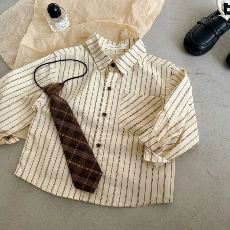 Children's shirt 2024 Autumn New Boys Vertical stripes casual shirt with necktie 2-7T Baby Girls cotton long sleeve Tops