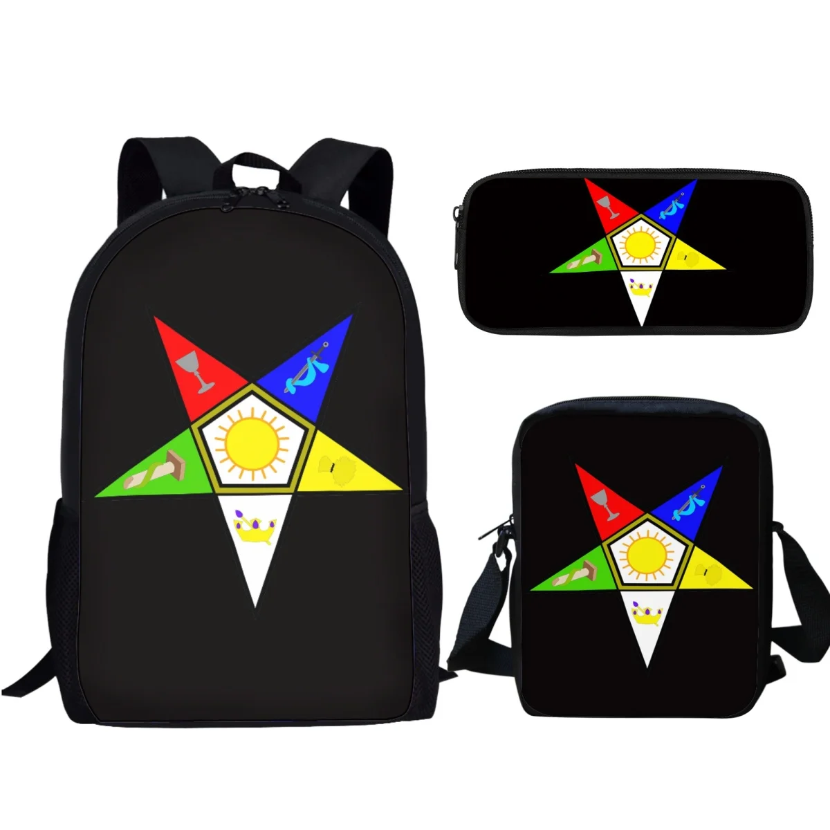 OES Style Order of The Eastern Star Emblem Backpack 3Pcs Large Capacity School Bag and Meal Bag Pen Box Set Student School Bags