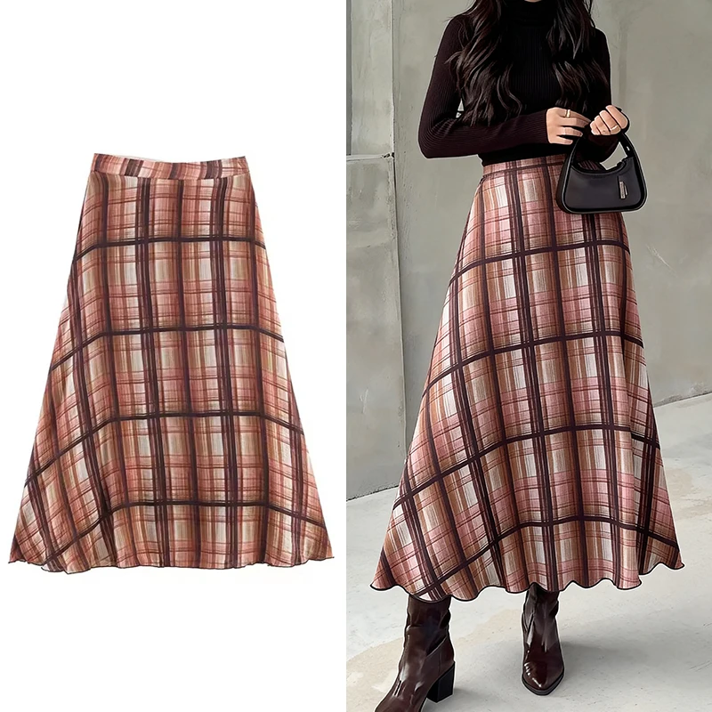 

Chic Elegant Check Long Skirts For Women Fashion 2025 New Vintage Printed Midi Skirt High Street Casual Holiday Skirts Mujer