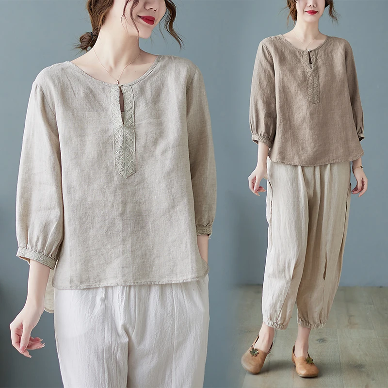 Large Size Women's Cotton Linen Embroidered irt round Ne Button Asymmetrical Hemline Seven Sve Summer Top