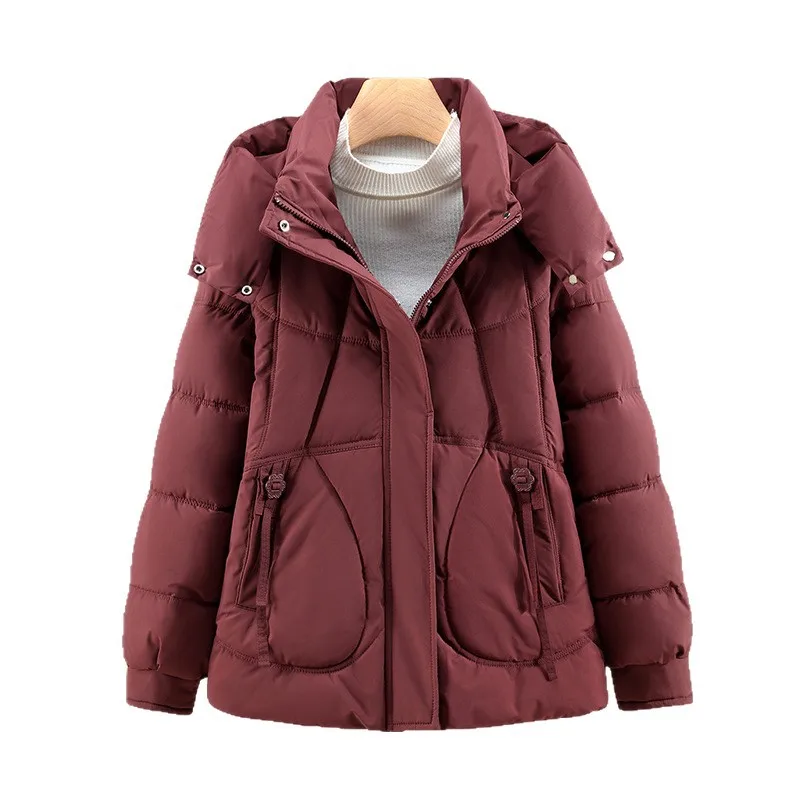 Women Short Oversize Parkas Coats Hooded Jacket Solid Long Sleeve Turn Down Collar Zipper Looose Thick Office Lady 2025 Winter