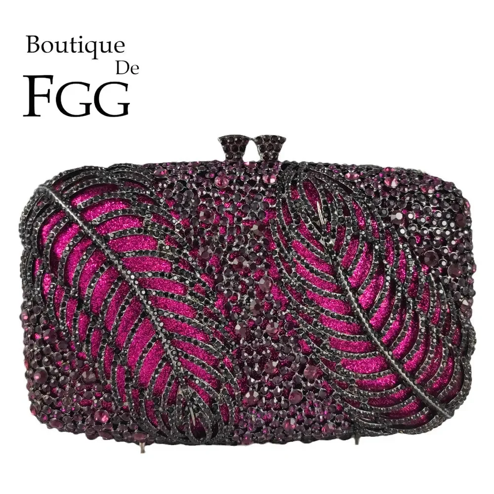 

Boutique De FGG Purple Crystal Evening Clutch Bags Women Formal Party Leaf Rhinestone Handbags Bridal Wedding Minaudiere Purse