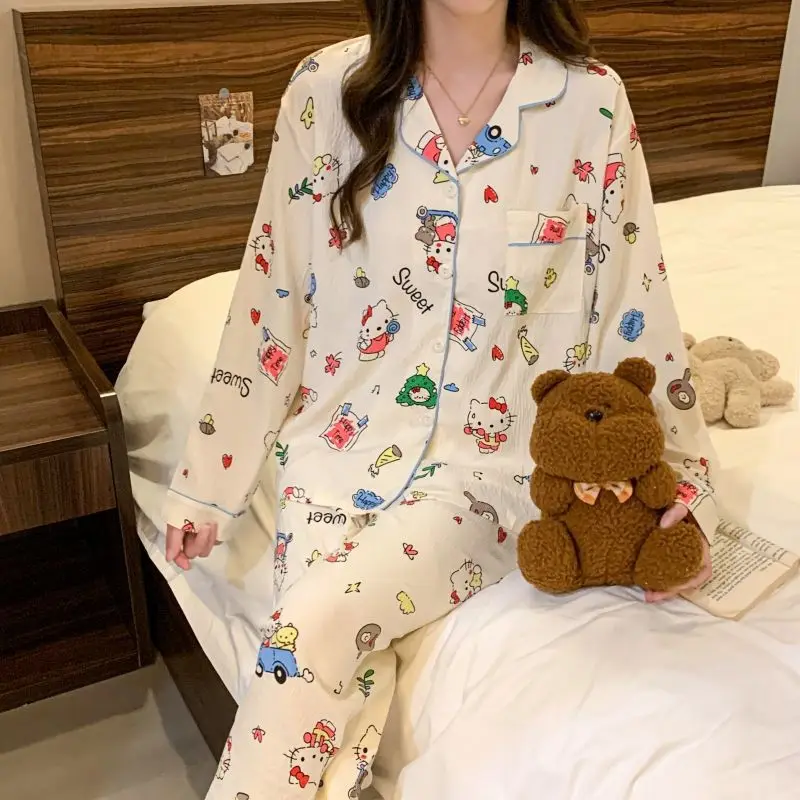 Kawaii Sanrios Hellokitty Autumn Winter Nightgown Cute Girls Pajamas Loose T-Shirt Home Wear Sweet Couple Casual Home Wear Set