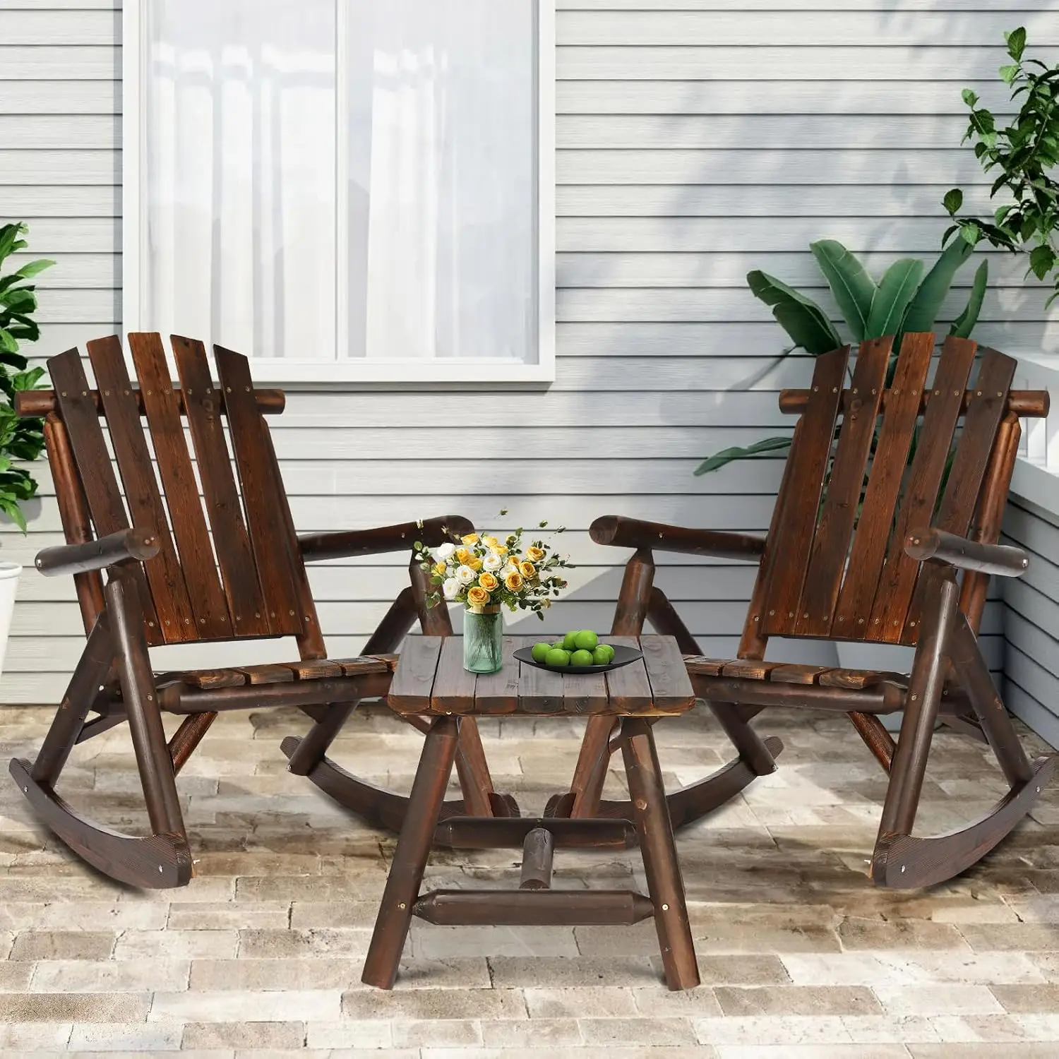 Wood Rocking Bistro Set 3-Piece Rustic Rocker Chair High Back Slatted Seat Side Table Patio Indoor Deck Garden Porch, Customized