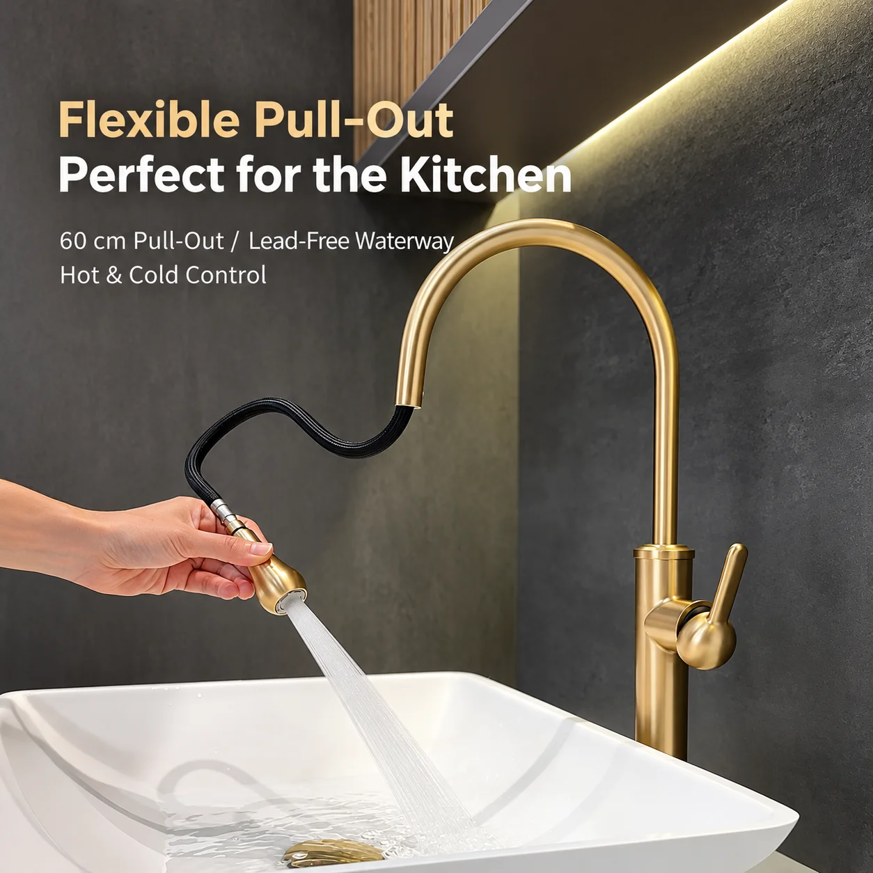 Brushed Gold Kitchen Faucet Solid Brass Pull Out Hot Cold Sink Mixer 60cm Flexible Hose Mechanical Flip Spray