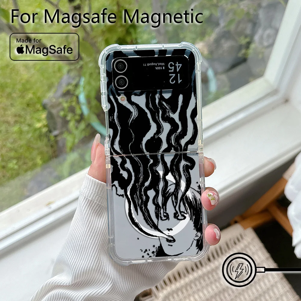Anime Junji Ito Terror Horror Magsafe Magnetic Phone Case for Samsung Galaxy Z Flip 3 4 Z Flip 5 6 Z 5G Soft Transparent Cover