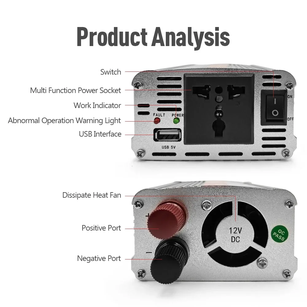 Mini Car Inverter 200W/400W/600W/800W/1000W Portable DC12V To AC220V Inverter USB Interface Low Noise Overload Protection