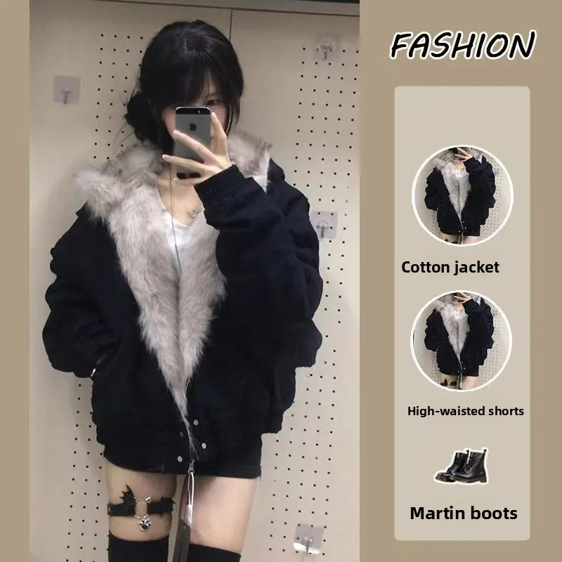 

Y2K Women's ort Coat And High Waist orts Two-Piece Set Autumn Winter Faionable Furry Patchwork Cotton Outerwear
