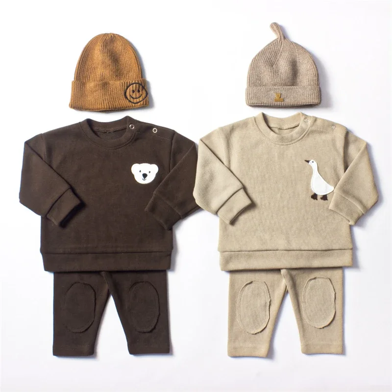 Cotton Boys Girls Sweat Suit Bear Goose Embroidery Kids Casual Tracksuit Hoodie Pants 2pcs Sets Patchwork Long Sleeve