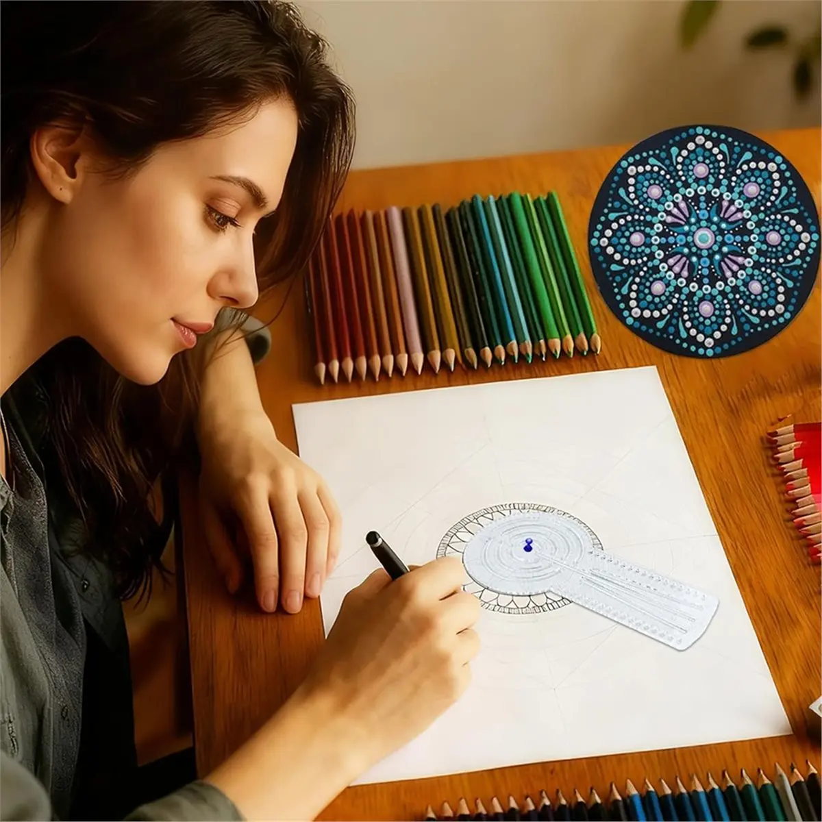 A1092K 5 Pcs 3in1 Mandala Ruler Tool with Holes 5 Size Mandala Dot Art Circle Maker Compass Protractor Straight Dotting Ruler SU
