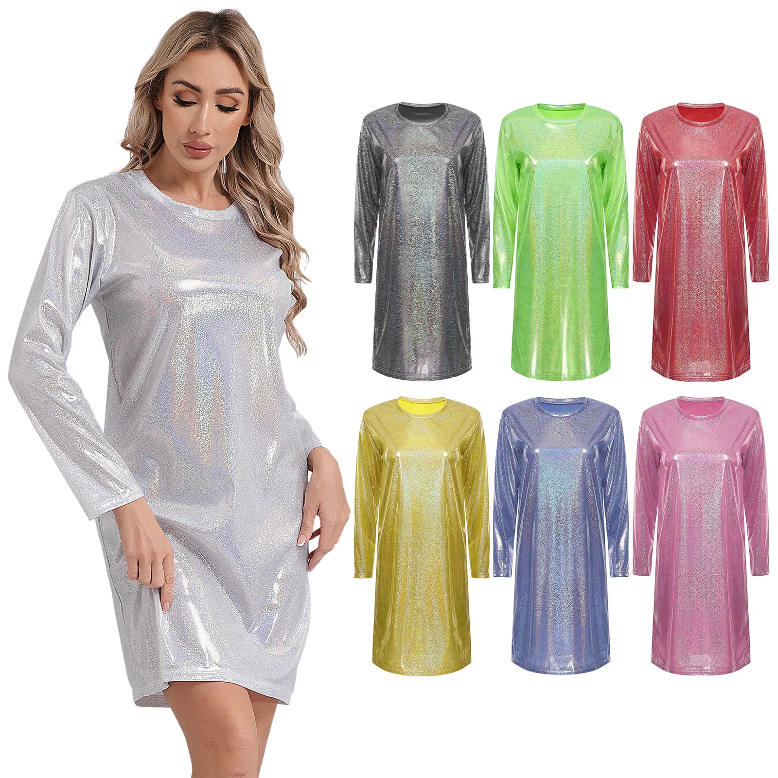 Summer Tight T Shirt Dress Pencil Bodycon Dress Femme Tight Bodycon Shiny Dress for Nightclub Music Festival Dance Performance