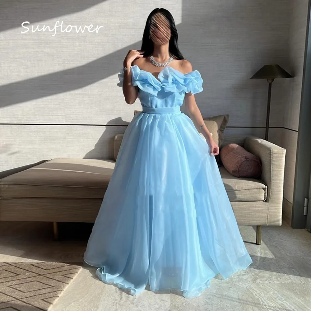 

Sunflower Blue Off The Shoulder Organza A-LINE 2024 Slim Backless Ocassion Gown Floor-Length Formal Evening Dress