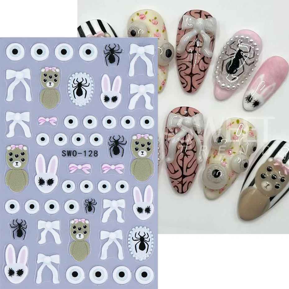 2/3pcs Halloween Nail Stickers Snowman Spider Devil's Eye Bow Self-Adhesive Design DIY Gel Polish Nail Decal Manicure Decoration