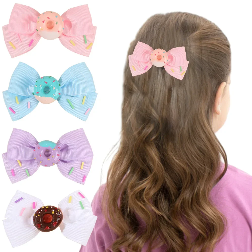 ncmama 2PCS Donut Hair Bow Clips Solid Ribbon Bow Hairpins for Kids Girls Handmade Candy Barrette Child Headwear Hair Accessorie