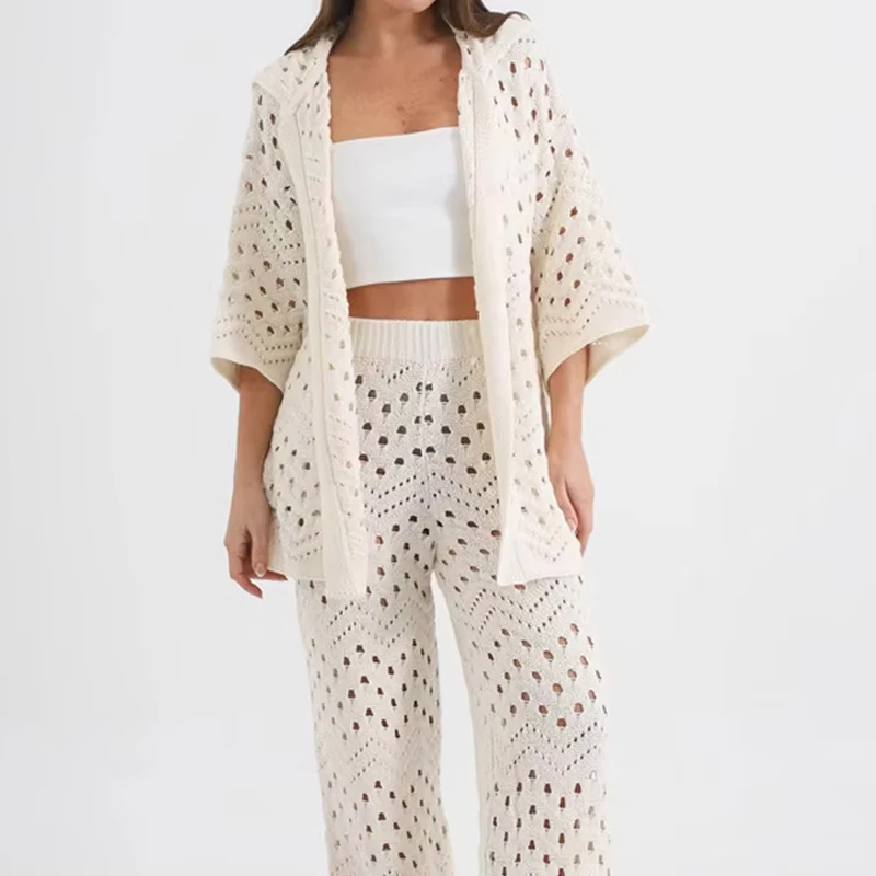 Summer Casual Hollow Out Beachwear Set Fashion Half Sleeve Top & Long Pant Outfits Women Elegant Sun Protection Knitted 2Pc Suit