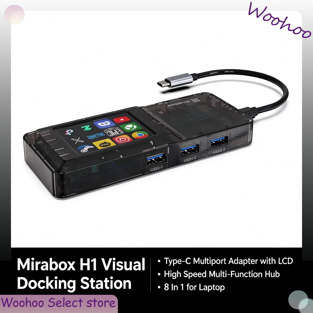 Mirabox H1 Visual 8 In 1 Docking Station Type C Multiport Adapter With LCD Screen For Laptop High Speed Multi Function Hub