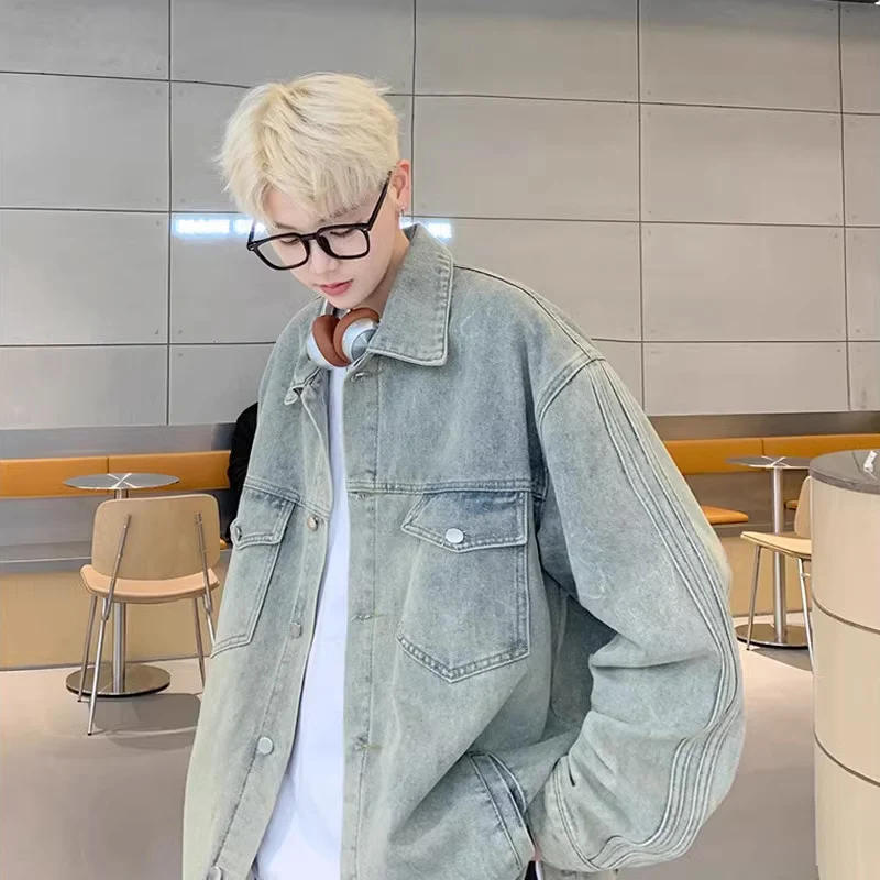 

Waed Light Blue Men's Denim Jaet American Retro Workwear Collared Jaet Spring Autumn Trendy Brand Youth Loose Fit Long ...