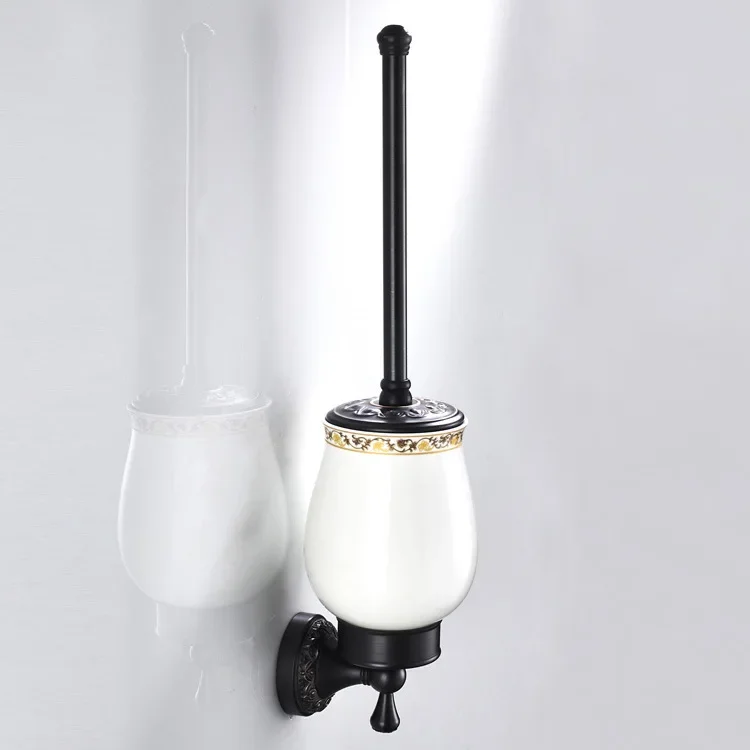 Bathroom Brass Carved Round Chassis Antique Craft Embossed Toilet Black Toilet Brush Holder Set Bathroom Accessories