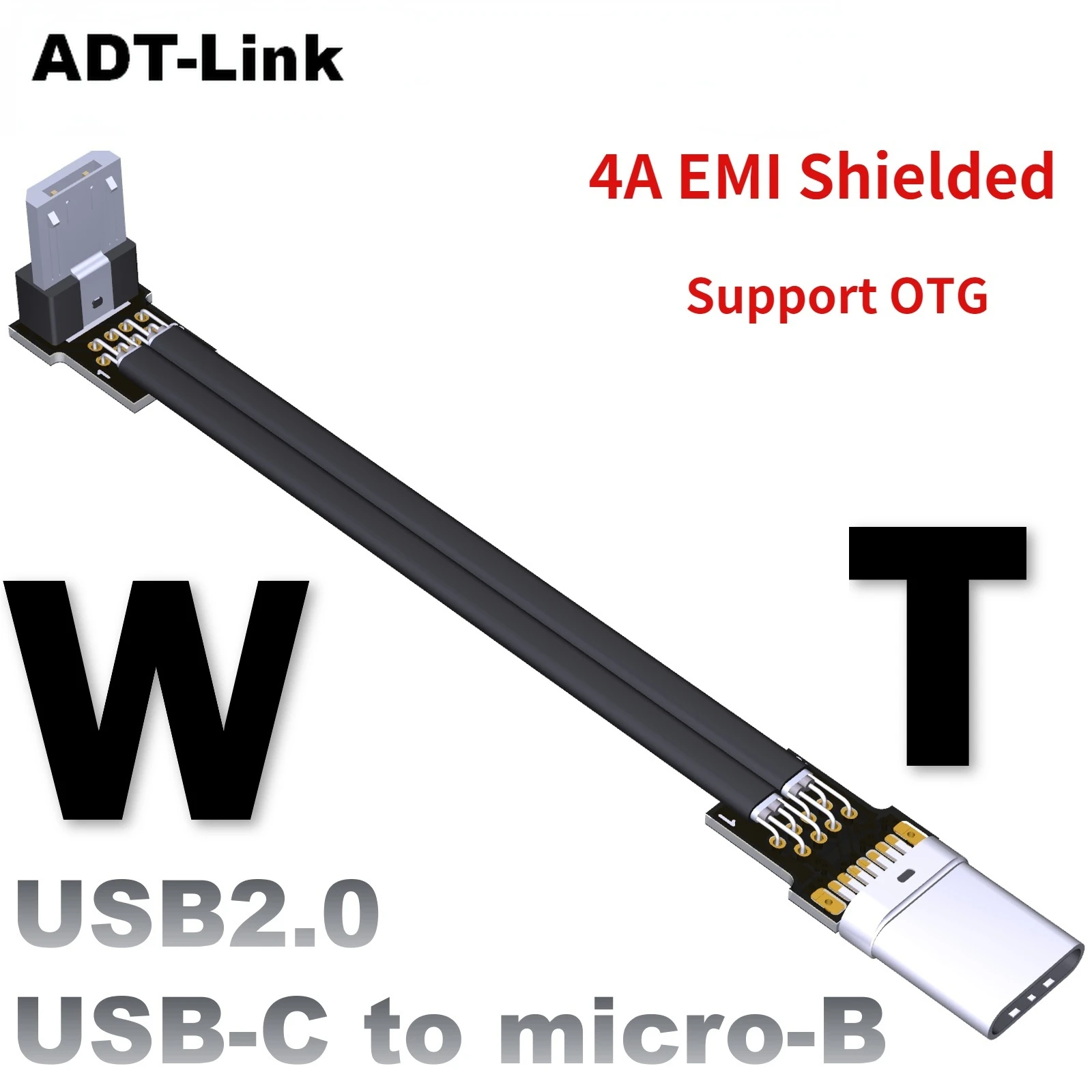 4A USB 2.0 Micro-B to USB-C Male/Female Extension Cable Up/Down Angle Data Sync Charging OTG Flat Adapter for High-Speed Data Tr