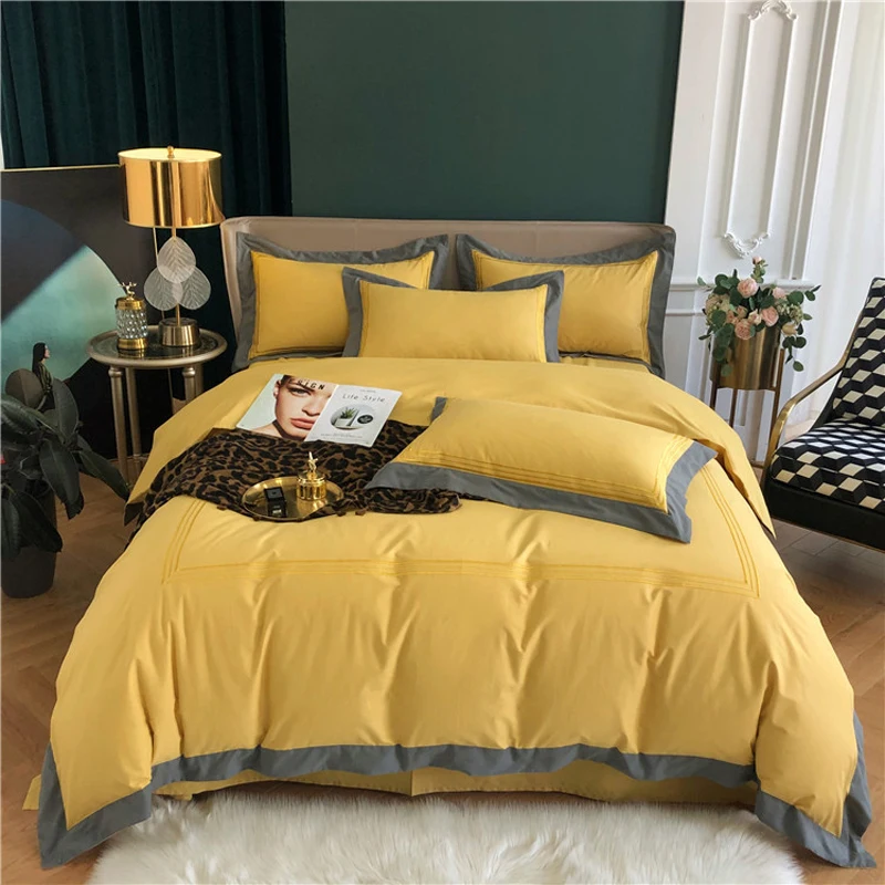 

2024 Newset 60 long-staple Cotton Stitching Embroidery Plain Four-piece Bed Sheet Cotton Hot-selling Light Luxury Bedding Yellow