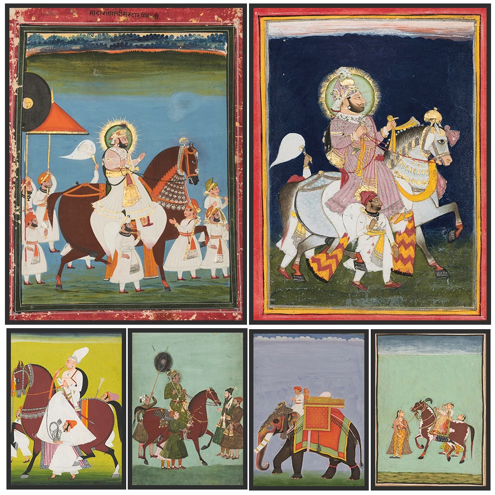 Antiker Mogul-Rajput-Maharaja-Reiterlebnis-Leinwanddruck, Vintage Indische Königliche Pferdeprozession mit Begleitern, Ethnisches Volks-Poster