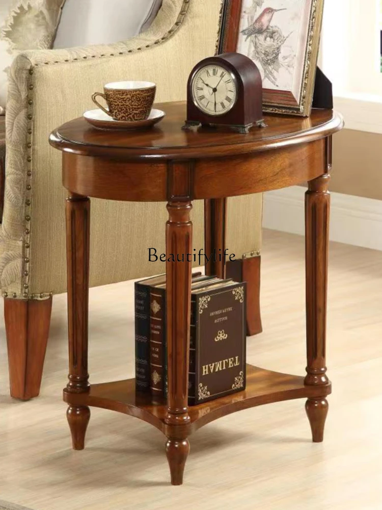 Solid Wood Small round Side Table Retro Mini Corner Table Oval Tea Table Large and Small Apartment Type