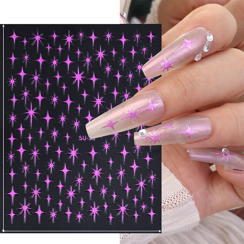 1PC 3D Laser Sliver Gold Star Nail Sticker Four-pointed Cross Starlight Self-Adhesive Nails Decal DIY Manicure Slider Decoration