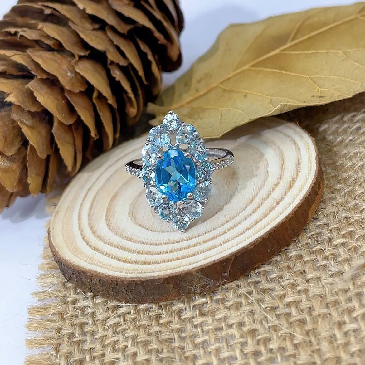 ZECAA Topaz Jewelry Ring For Woman With Natural Switzerland Blue Topaz Gemstone 7*9mm Best Topaz Ring Lady Gift