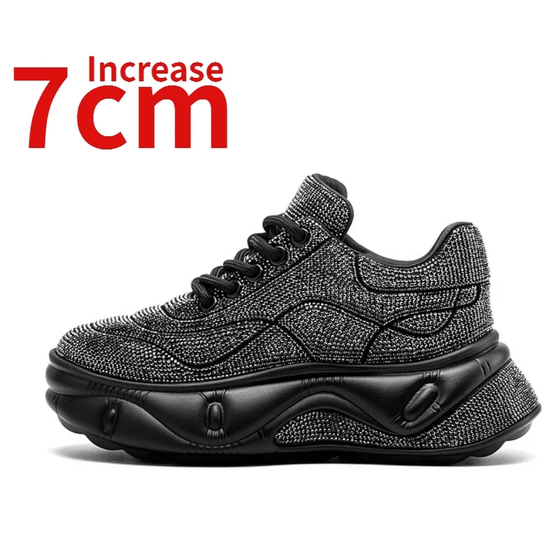 Genuine Leather Platform Dad's Shoes for Women Increase 7cm Space Black Silver Rhinestone Sneakers Height Increasing Casual Shoe