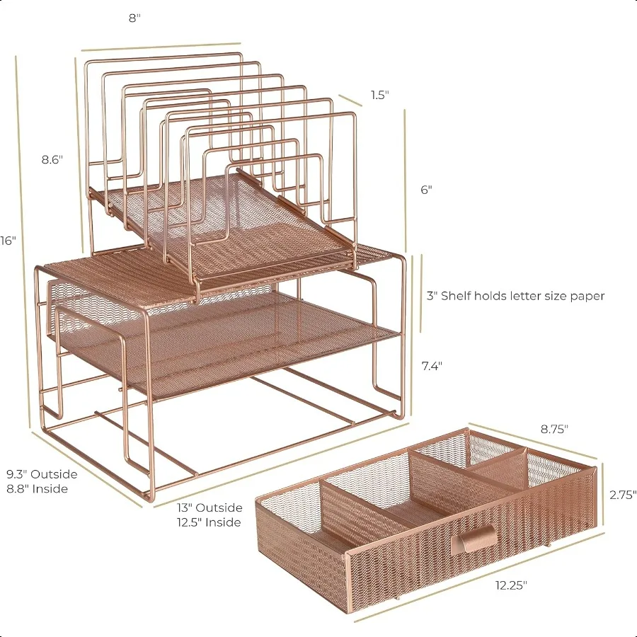 منظم مكتب BLU MONACO Workpace باللون الذهبي الوردي ورف مكتبي مع فارزات الملفات ودرج لزراجات الملفات الورقية