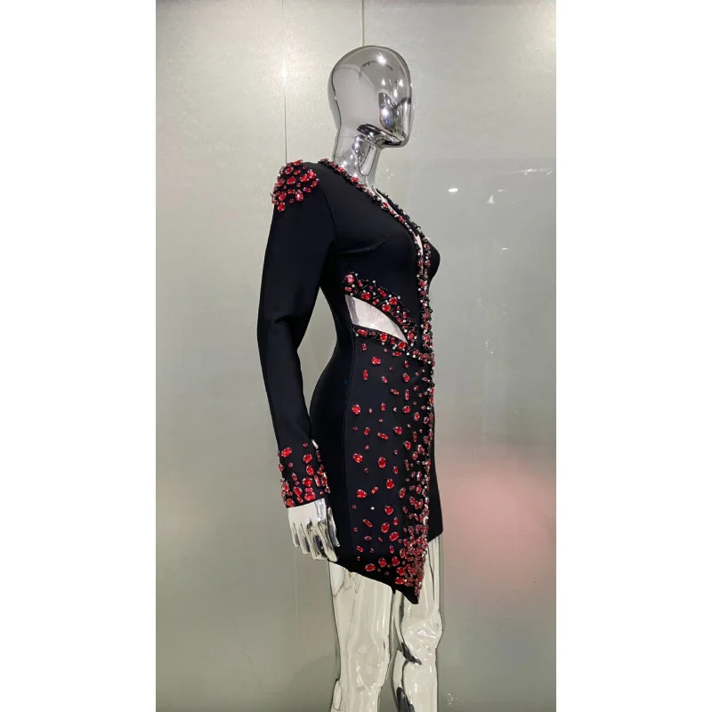 New Arrival Ruby Beaded Sexy Low-Cut Sheer Bandage Dress Light Luxury Birthday Party Banquet Dress