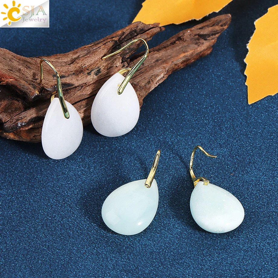 Natural Stone Earrings for Bride Water Drop Dangle Gold Color Ear Earring Tiger Eye Fluorite Amethyst Quartz Luxury Jewelry H665