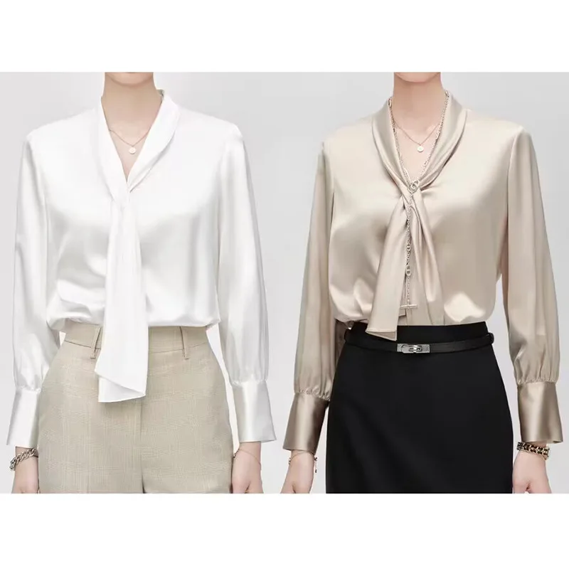 30MM 100% Mulberry Silk Shirt ze wstążką Topy z długim rękawem Ready Stock Damskie błyszczące koszule koreańska koszula damska nowa moda