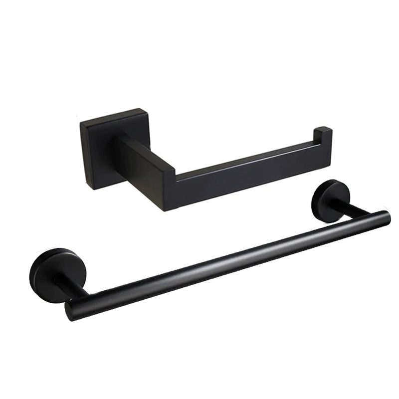 2Pcs Bathroom Hardware Set, Matte Black Stainless Steel Toilet Paper Holder Roll Holder Towel Bar Wall Mount