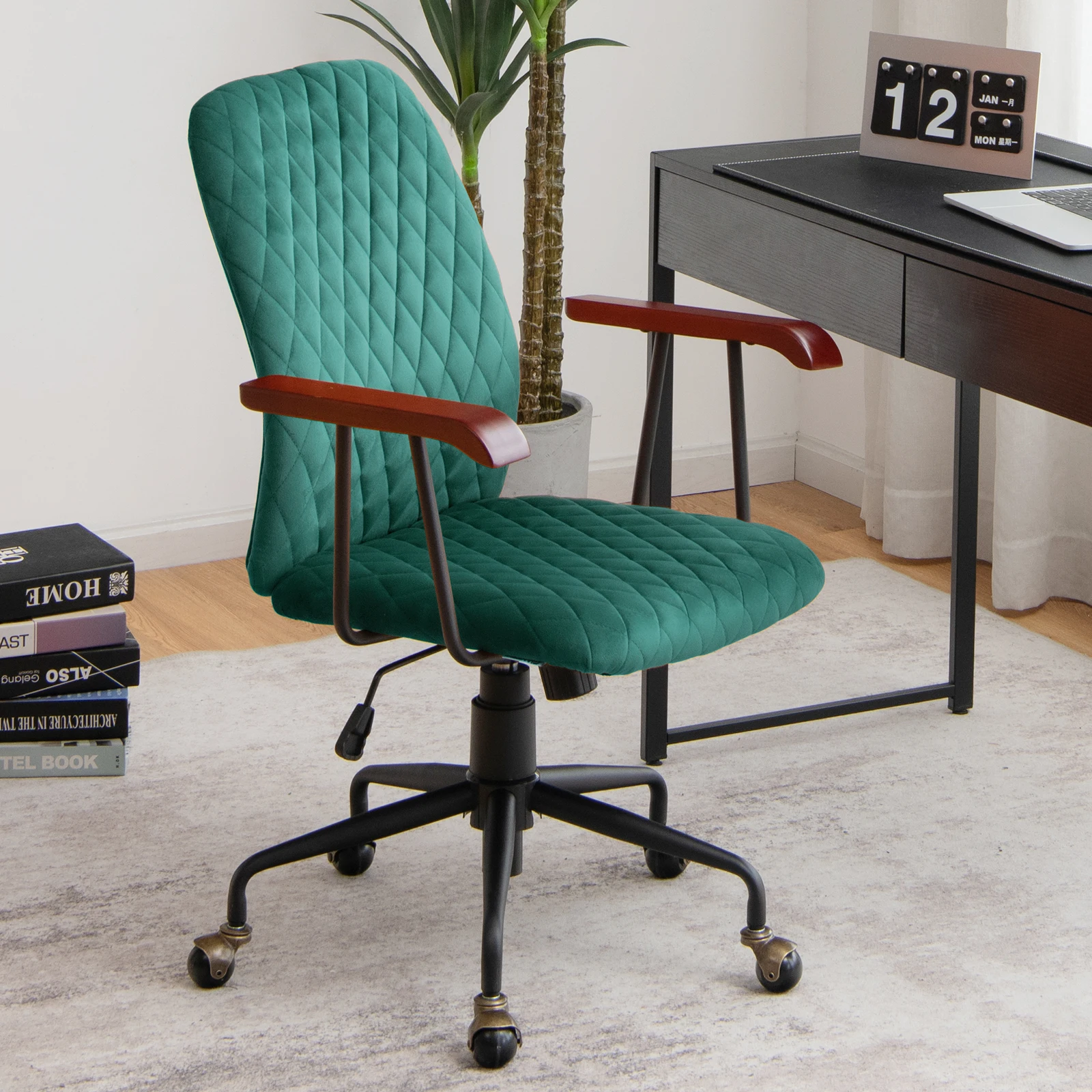 Velvet Home Office cadeira giratória com braço de madeira, cadeira ajustável, verde