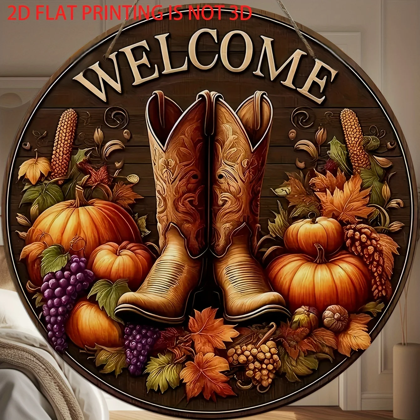لافتة ترحيب خشبية ريفية مسطحة ثنائية الأبعاد - ديكور جدار حصاد الخريف مع أحذية رعاة البقر وأوراق القرع والخريف، عيد الشكر #6