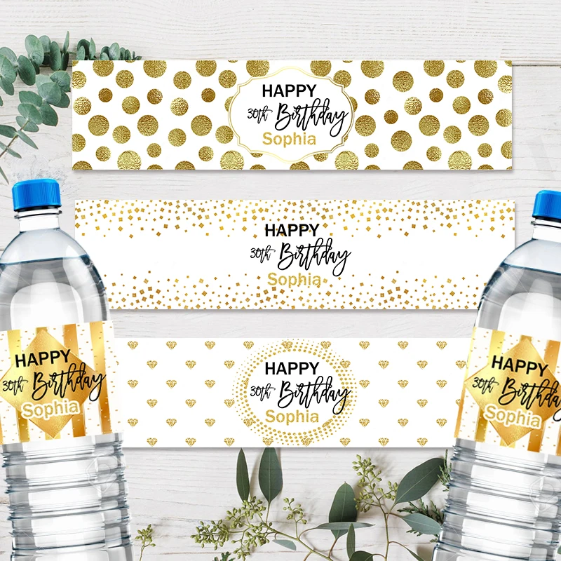 30pcs Gold Confetti Stripe Sticker Custom Any Text  Bottle Labels Wedding Baby Shower Birthdays Baptism Bar Mitzvah Personalise