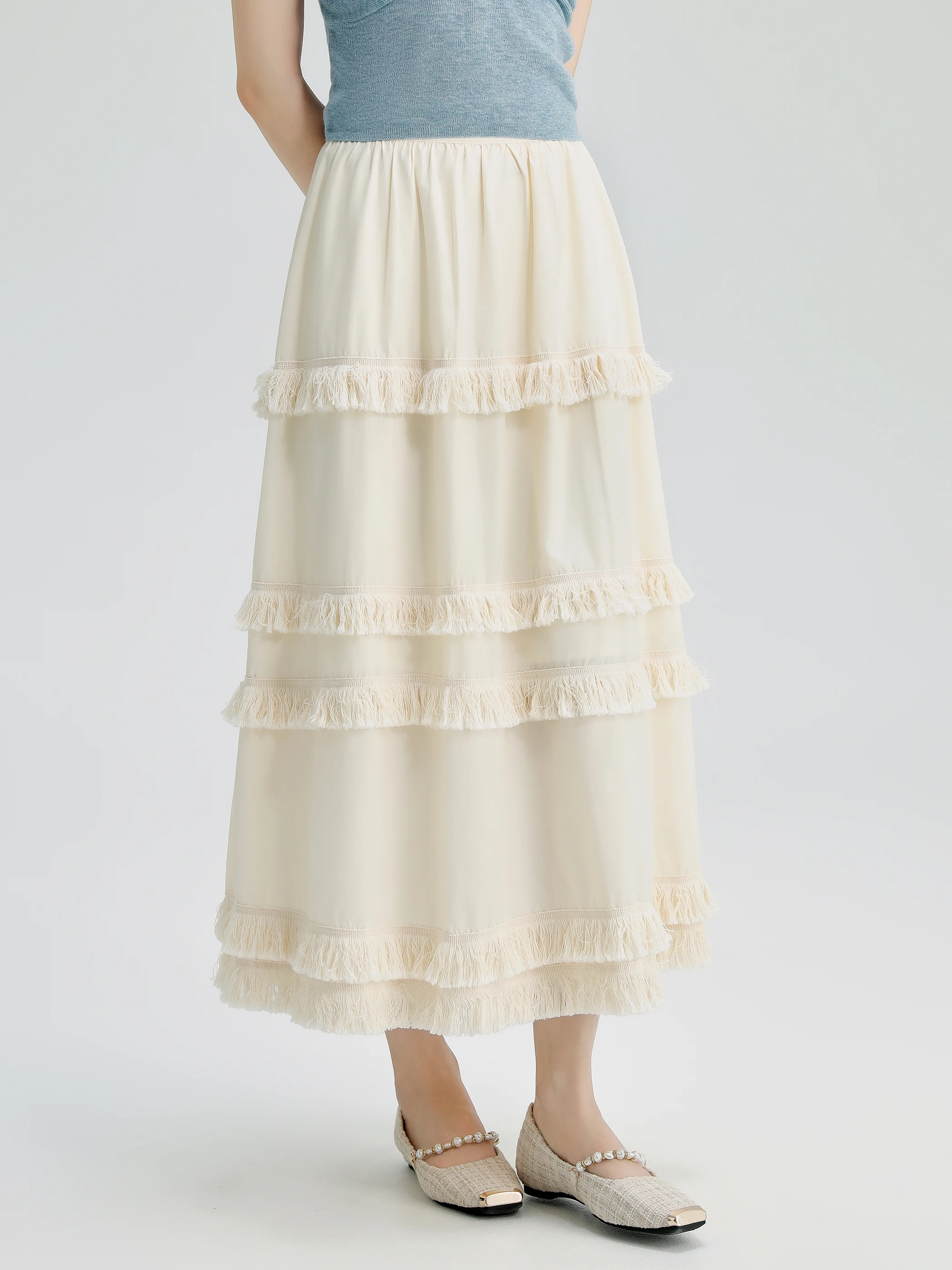 

IUMOON Peach Color Fringed High Waist Midi Skirt Women's Autumn New Sle A-Line Cake Skirt Gentle Long Skirt