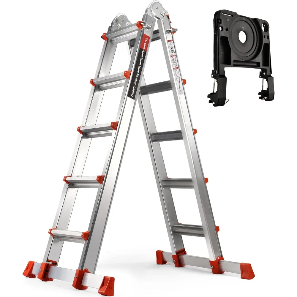 Ladder, A Frame 5 Step Aluminum Ladder Extension Ladder, 17 Ft Muti Position Ladder & Removable Tool Tray with Stabilizer Bar