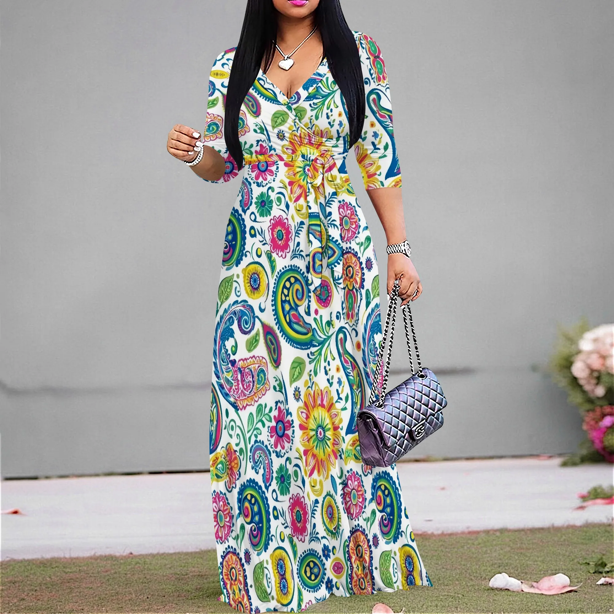 

Paisley Floral Maxi Dress for Women V-Neck Boho Style Summer Festival or Afro Art Party Look 2025 Arrival