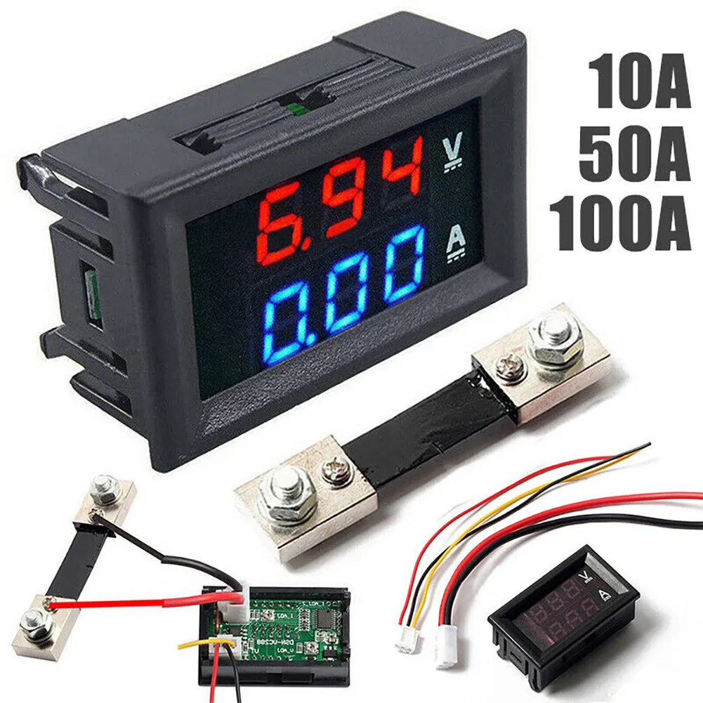 DC0-100V 10A 50A 100A Voltmeter Ammeter Red Blue LED Amp Dual Digital Volt Meter Gauge 0.28'' LED Display 50A 100A Diverter