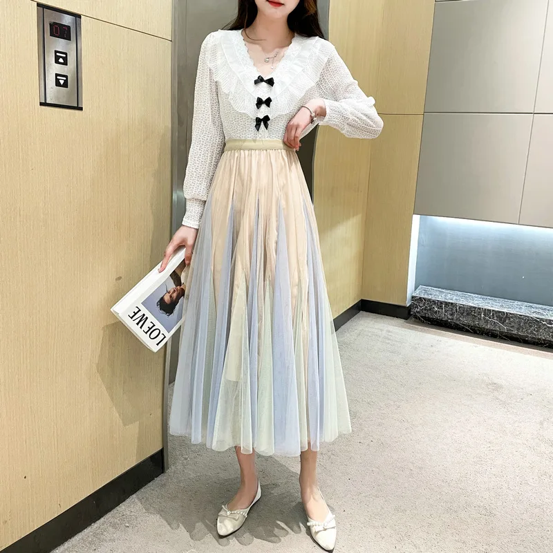 

2024 New Fashion Double Layered Crotch Covered Gauze Skirt Fresh Mesh Puffy Skirt Women's Long Skirt Casual Gradient Half Skirts