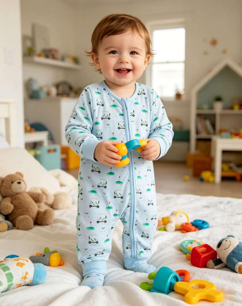 Soft Cotton Baby Golf Cart Print Zipper Footless Rompers 0-24M Infant Baby Long Sleeve Jumpsuit Toddler Home Sleep Bodysuit