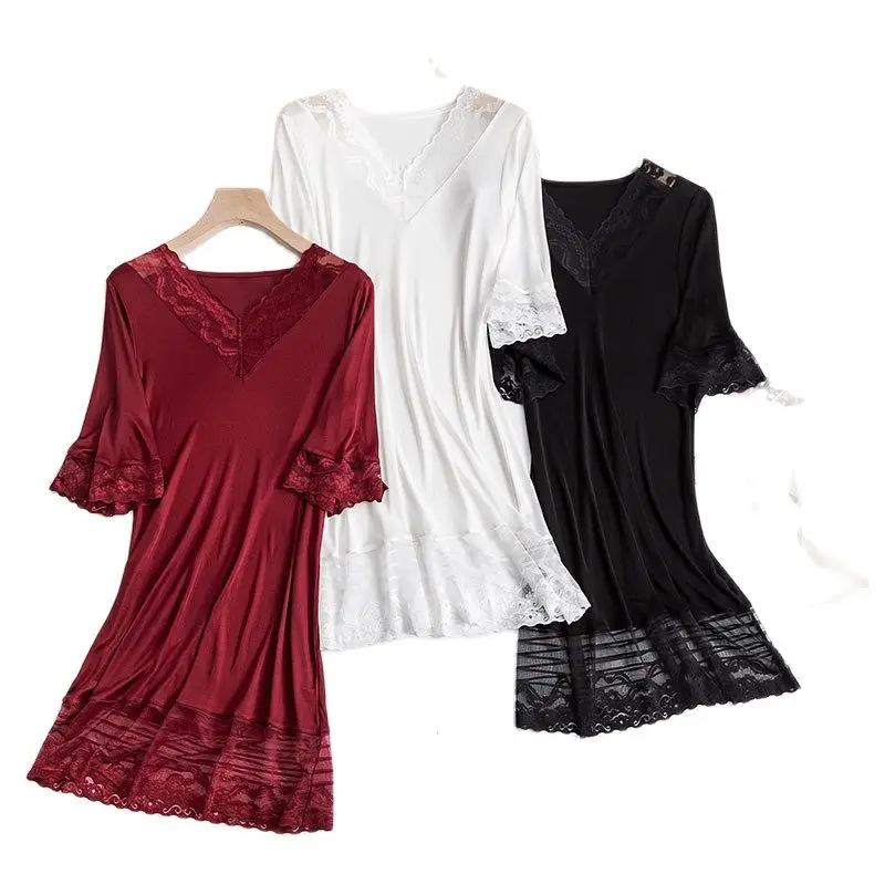 Birdtree High End Real Silk Lace Sleepwear for Women V Neck Sexy Thin Sleep Dress Loose Nightdress Nightgown 2023 New P37974QM