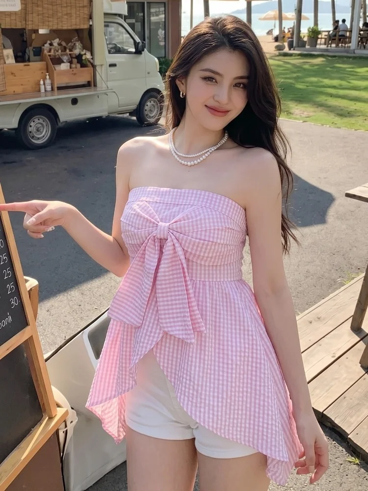 

Pure Desire Contrast Color Plaid One Shoulder Tube Top Women Summer Knot Waist Cinched Slimming Chest Pad Top