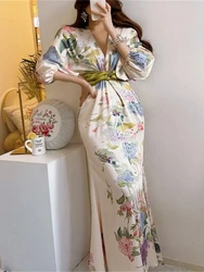 Spring Summer Floral Print Party Dresses Women Vintage Bodycon V-neck Lantern Sleeve Robe Female Elegant Birthday Clothing