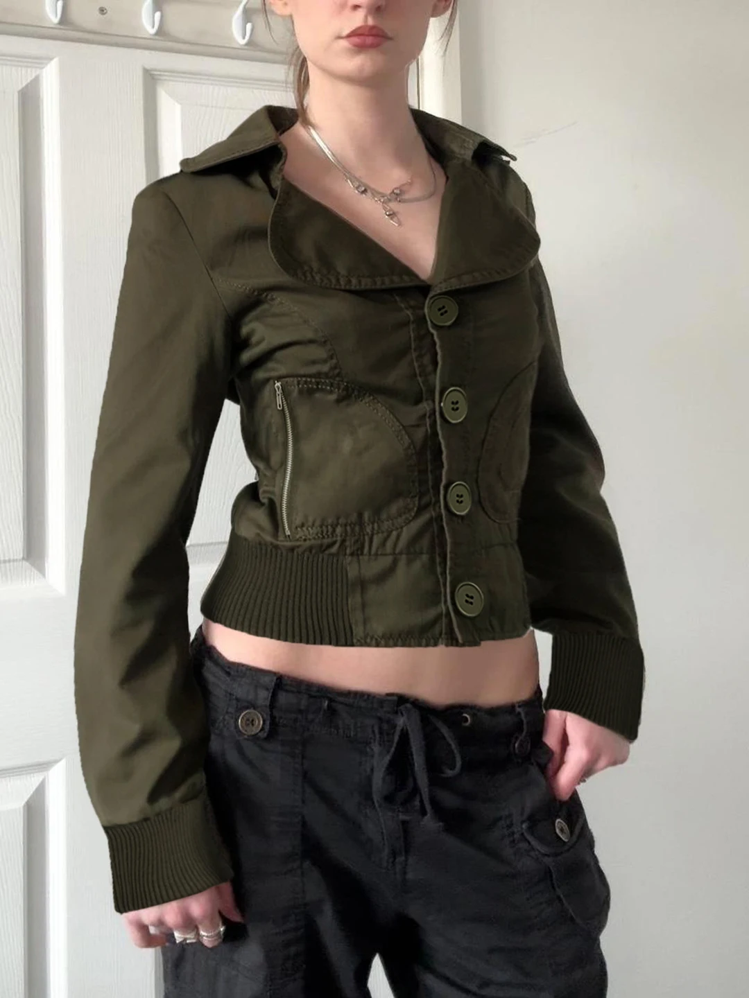 

Ретро-кардиган в американском стиле для женщин: винтажная куртка на молнии с эластичной талией, синяя, в старинном стиле