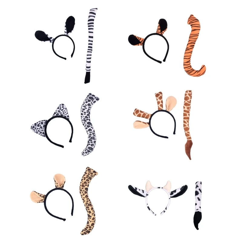 Zebras/Giraffe/Leopard/Cow Costume Set Ears Headband Tail Animal Fancy Costume Kit Accessories for Halloween Cosplay